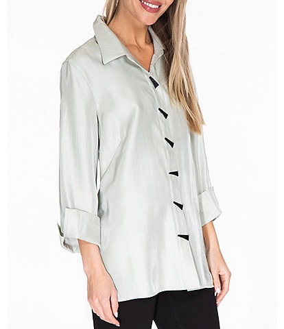 Multiples Shimmer Woven Point Collar 3/4 Turn-Up Cuff Sleeve High-Low Hem Button Front Shirt