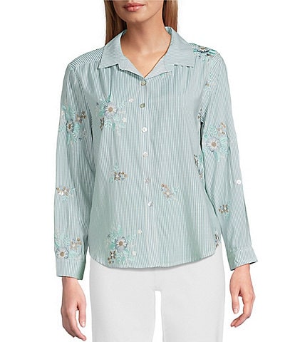 Multiples Slub Crinkle Embroidered Stripe Point Collar Long Roll-Tab Sleeve Button Front Shirt