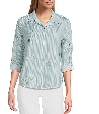 Multiples Slub Crinkle Embroidered Stripe Point Collar Long Roll-Tab Sleeve Button Front Shirt