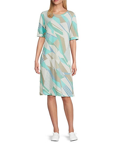 Multiples Slub Knit Abstract Multi Scoop Neck Elbow Sleeve Dress