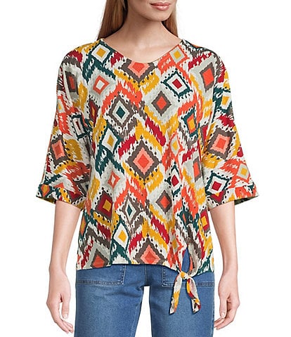 Multiples Slub Knit Diamond Multi V-Neck 3/4 Dolman Sleeve Top