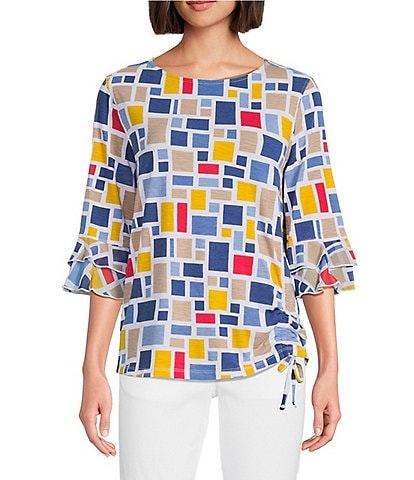 Multiples Slub Knit Georgette Printed Boat Neck 3/4 Sleeve Fitted Ruched Side Drawstring Top