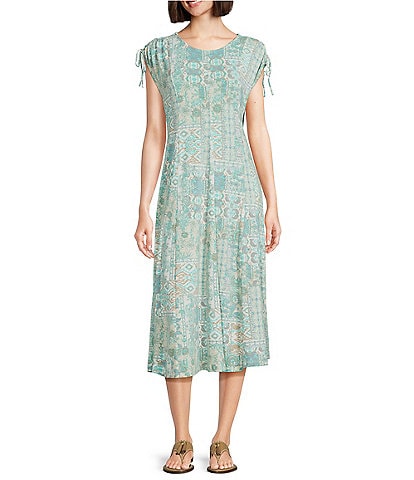 Multiples Slub Knit Printed Scoop Neck Cap Sleeve Multi Panel Fit & Flare Dress