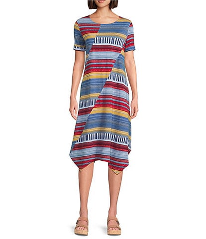 Multiples Slub Knit Printed Scoop Neck Short Sleeve Handkerchief Hem Fit & Flare Dress