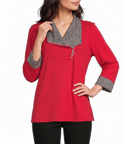 Multiples Solid Baby French Terry Plaid Quarter Zip Collar Band Cuff 3/4 Sleeve Top