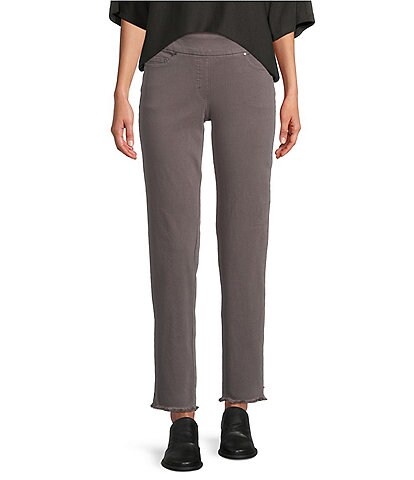 Multiples Solid Garment Dyed Straight Leg Fringe Hem Pull-On Ankle Pants