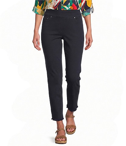 Multiples Solid Garment Dyed Straight Leg Fringe Hem Pull-On Ankle Pants