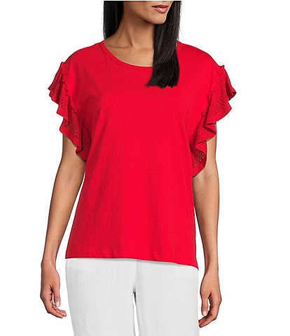Multiples Solid Knit Jersey Scoop Neck Short Flutter Sleeve Fitted Top