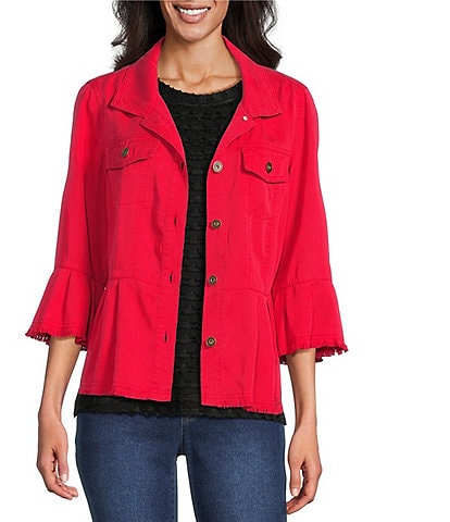 Multiples Solid Lyocell Point Collar 3/4 Flounce Sleeve Button Front Peplum Jacket