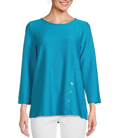 Multiples Solid Textured Knit Scoop Neck 3/4 Sleeve Decorative Button Front Top