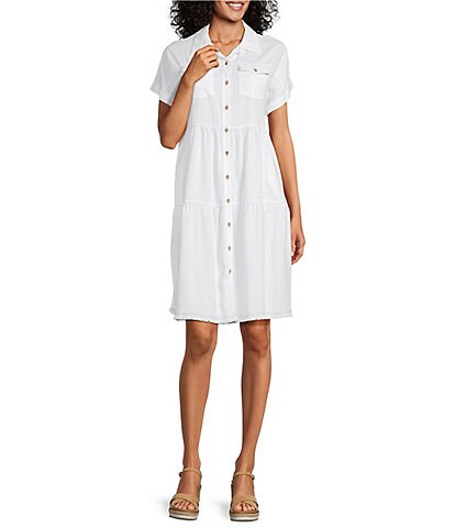 Multiples Solid Twill Point Collar Cap Sleeve Tiered Button Front Shirt Dress