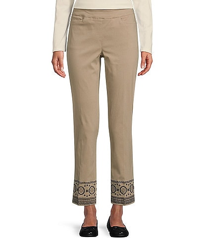 Multiples Solid Twill Straight Leg Embroidered Hem Pull-On Ankle Pant