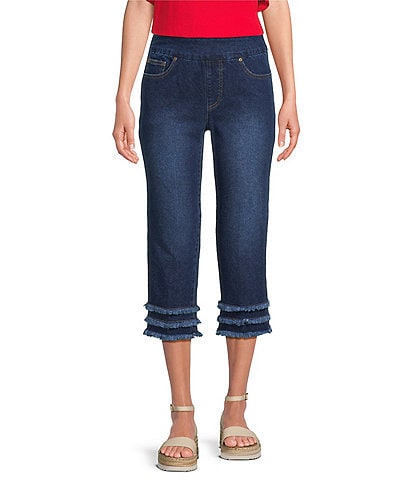 Multiples Stretch Denim Wide Waistband Triple Fringe Hem Pull-On Jeans