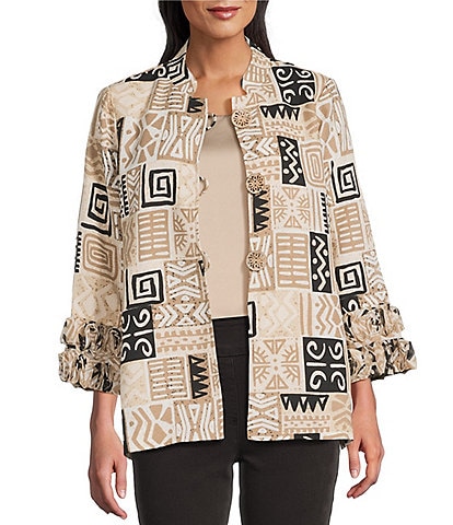 Multiples Textured Bark Cloth Patchwork Print Banded Collar 3/4 Sleeve Button Front Jacket