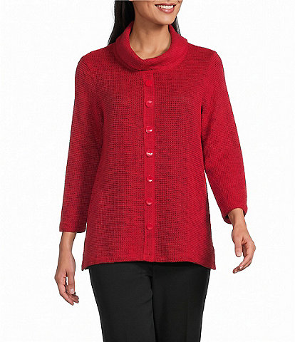 Multiples Textured Knit Cowl Neck 3/4 Sleeve Faux Button Novelty Top