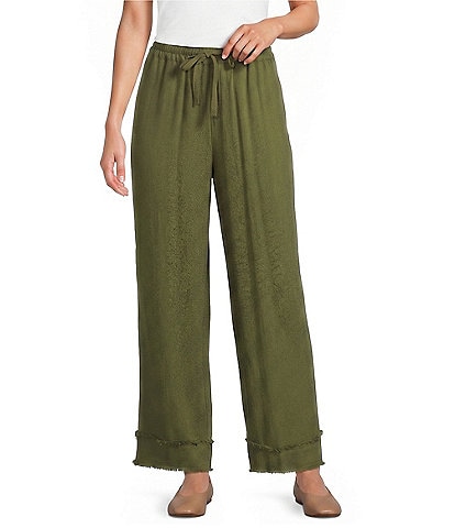 Multiples Textured Woven Slub Drawstring Fringe Band Cropped Coordinating Pants