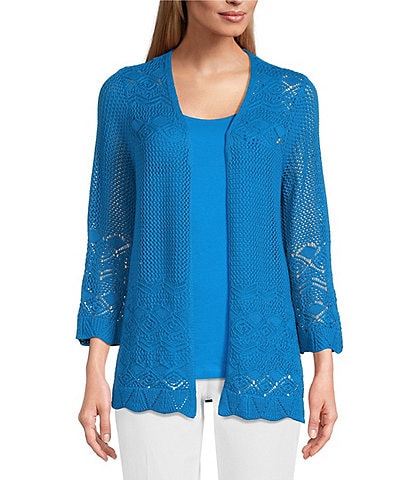 Multiples V-Neck Scallop Edge 3/4 Sleeve Crochet Sweater Knit Open-Front Cardigan