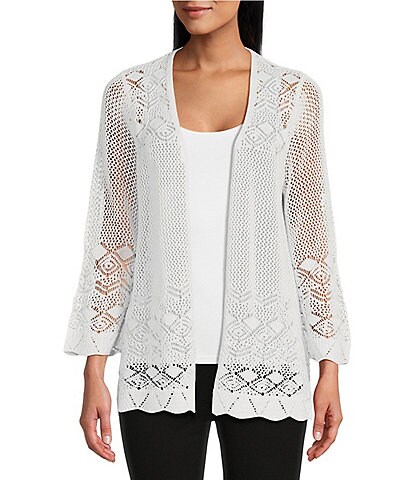 Multiples V-Neck Scallop Edge 3/4 Sleeve Crochet Sweater Knit Open-Front Cardigan