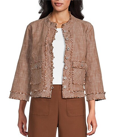 Multiples Woven Cross-Dyed Stand Collar 3/4 Sleeve Fitted Jacket