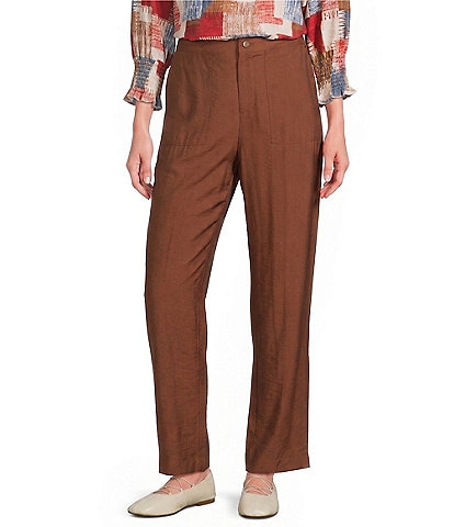 Multiples Woven Flat Front Straight Leg Ankle Length Full Elastic Back Pants
