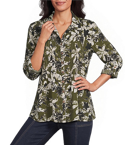 Multiples Woven Floral Multi Print Point Collar 3/4 Roll-Tab Sleeve Button-Front Crinkle Shirt