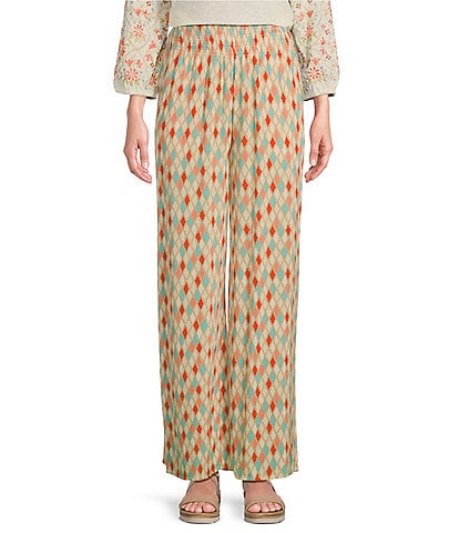 Multiples Woven Ikat Print Pull-On Wide-Leg Crepon Pants