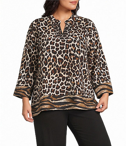 Multiples Woven Multi Animal Print Stand Collar 3/4 Sleeve Top