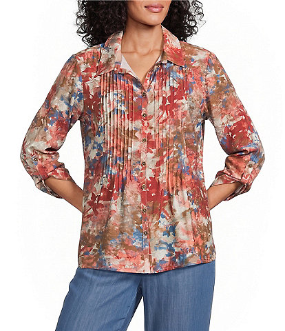 Multiples Woven Multi Print Point Collar 3/4 Roll-Tab Sleeve Button-Front Crinkle Shirt