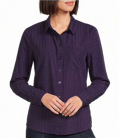 Multiples Woven Plaid And Stripe Point Collar Long Sleeve Shirt