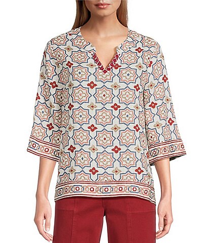 Multiples Woven Print Embroidered V-Round Neck 3 /4 Sleeve Top