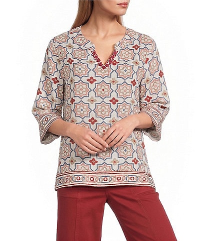 Multiples Woven Print Embroidered V-Round Neck 3 /4 Sleeve Top
