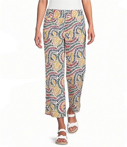 Multiples Woven Print Wide Leg Crop Length Pull On Pants