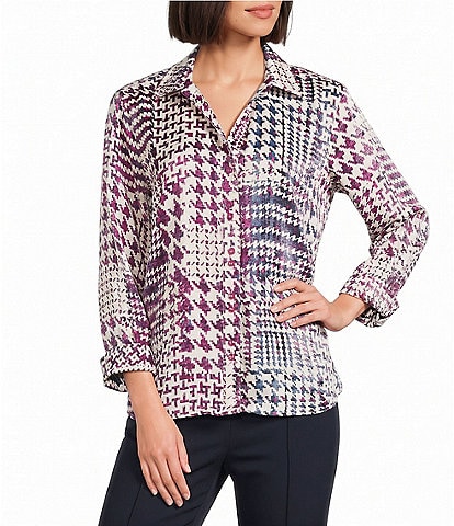 Multiples Woven Shimmer Printed Collared Y-Neck 3/4 Sleeve Button Front Shirt