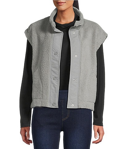 Multiples Woven Stand Collar Sleeveless Snap-Front Fitted Vest