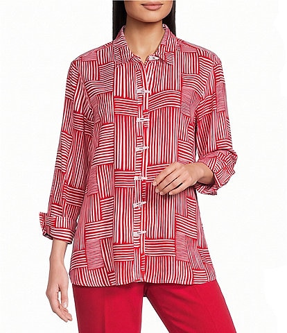 Multiples Woven Stripe Point Collar 3/4 Sleeve Turn Up Cuff Button Front Shirt