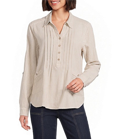 Multiples Woven Stripe Spread Collar Long Sleeve Shirt