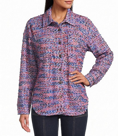 Multiples Woven Tweed Multi Print Point Collar Long Sleeve Button Front Shirt