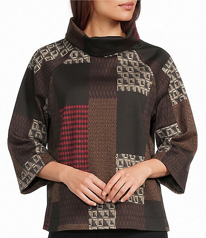 Multiples Yarn Dye Jacquard Knit Patchwork Cowl Neck 3/4 Raglan Sleeve Top