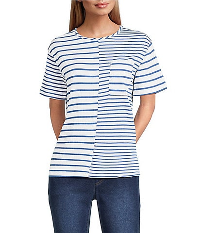Multiples Yarn-Dye Pucker Knit Stripe Scoop Neck Short Sleeve Fitted Top
