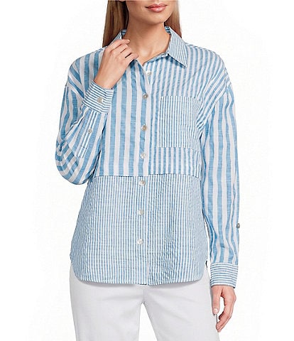 Multiples Yarn-Dye Stripe Point Collar Long Roll-Tab Sleeve Button-Front Shirt