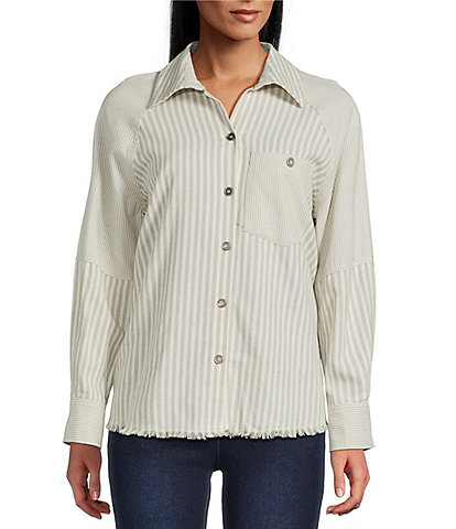 Multiples Yarn Dye Stripe Point Collar Long Sleeve Button-Front Flannel Shirt