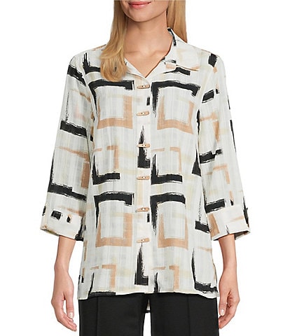 Multiples Yarn-Dyed Geometric Print Point Collar 3/4 Turn-Up Sleeve Button-Front Shirt