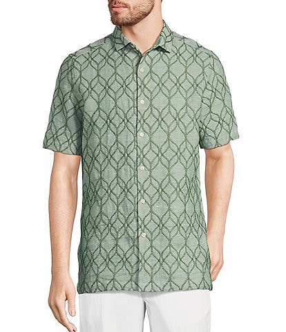 Murano Baird McNutt Linen Embroidered Short Sleeve Convertible Camp Collar Woven Shirt