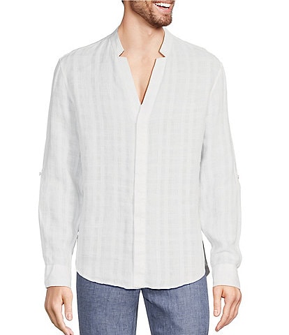 Murano Baird McNutt Linen Mandarin Collar Textured Roll-Tab Sleeve Shirt