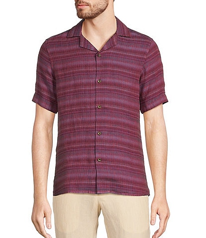 Murano Baird McNutt Linen Slim Fit Stripe Short Sleeve Woven Camp Shirt