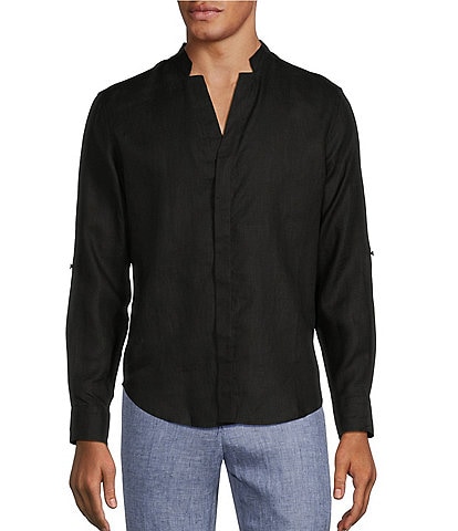 Murano Big & Tall Baird McNutt Classic Fit Mandarin Collar Roll-Tab Long Sleeve Linen Woven Shirt