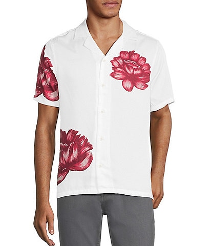 Murano Corsa Di Cavalli Derby Collection Slim Fit Placed Rose Print Short Sleeve Woven Shirt