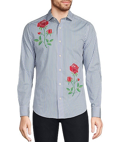 Murano Corsa Di Cavalli Derby Collection Slim-Fit Placed Rose Stripe Print Long Sleeve Woven Shirt
