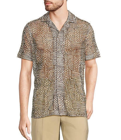 Murano Crocodile World Collection Open Weave Line Print Camp Collar Woven Shirt