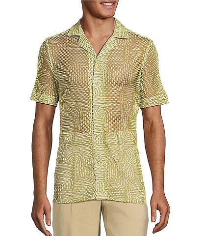 Murano Crocodile World Collection Open Weave Line Print Camp Collar Woven Shirt